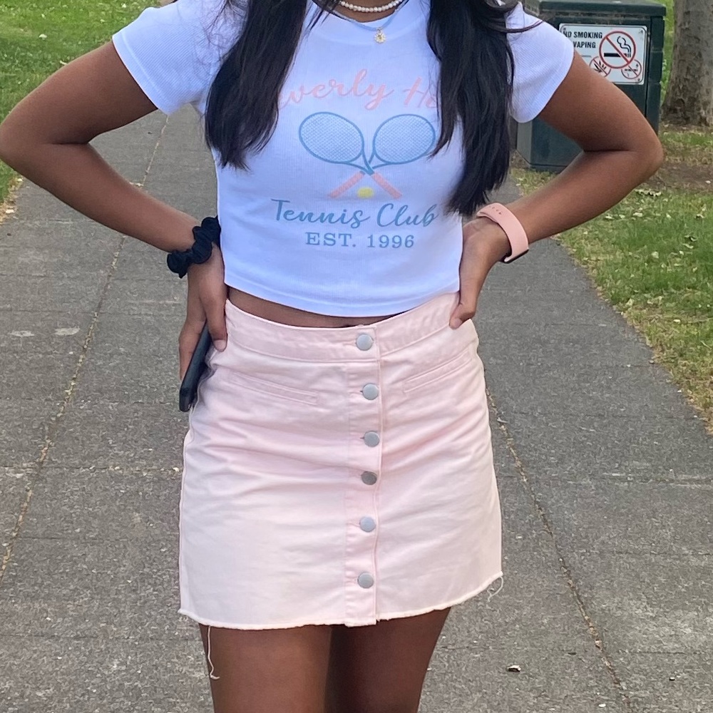 adorable pink denim button down skirt